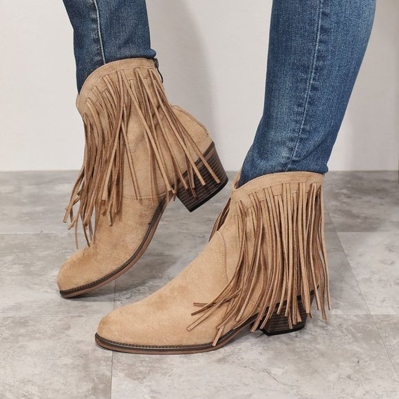 Fringe Cowboy Western Ankle Boots in Tan - Picture 2 of 5